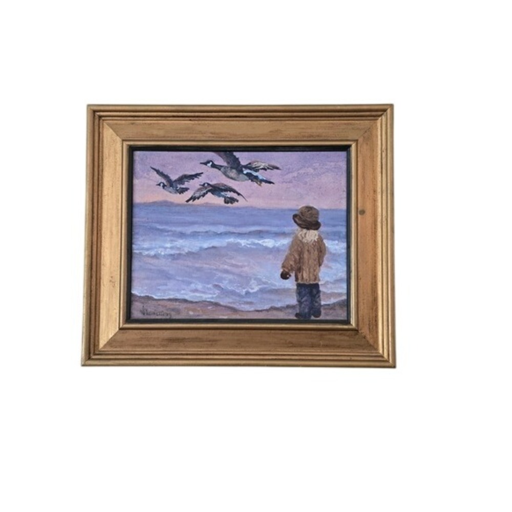 Original Oil Painting Child and Geese Beach Coastal Scene Gold Framed‎ Art